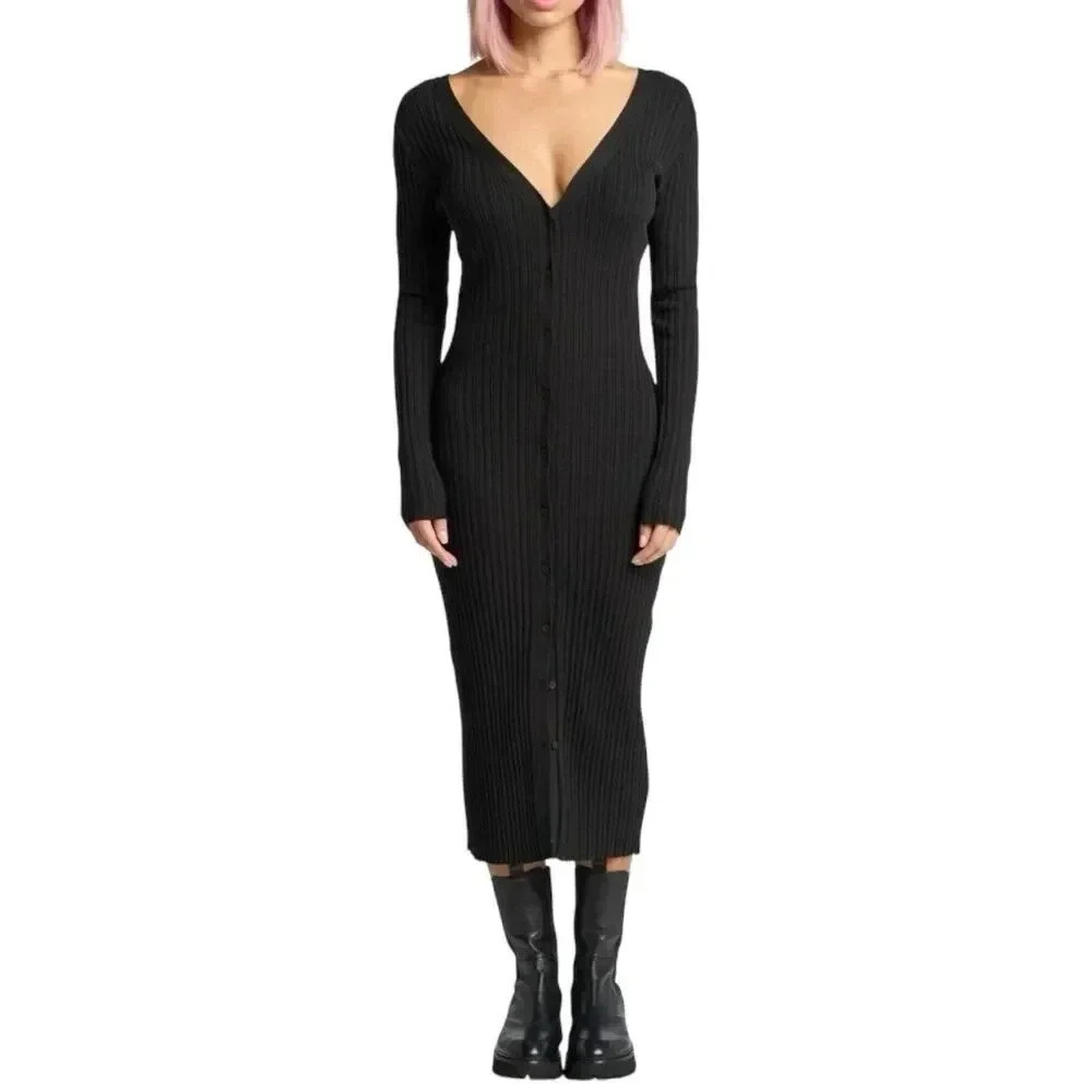 Lita by Ciara Black Icon Long Sleeve Ribbed Wool Blend Midi Dress XXL